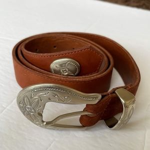 Genuine leather brown belt with silver buckle